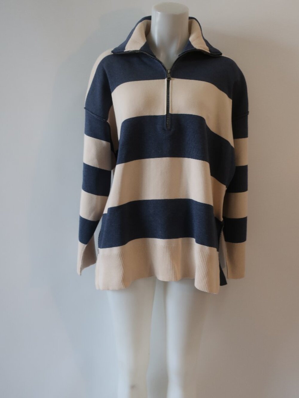 Womens Isla Beige, Blue Striped Oversized 3/4 Zip Collared Sweater S